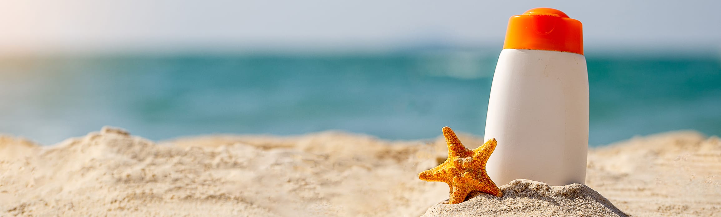 Sunscreen and starfish sitting in the sand in front of the ocean