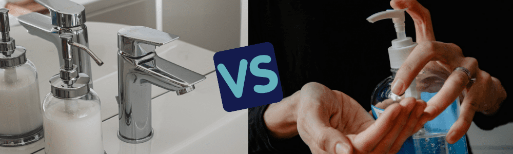 washing hands in the sink with soap vs. using hand sanitizer